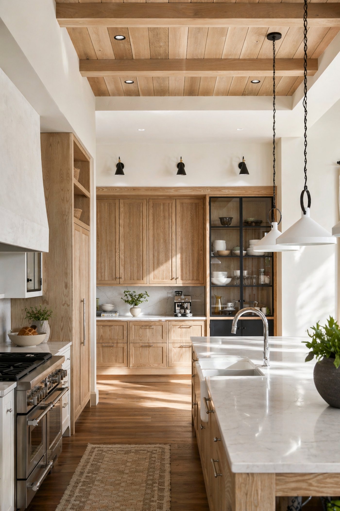 Recessed lights placed cleanly in a reclaimed oak plank ceiling